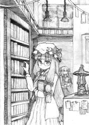 Rule 34 | 2girls, bad id, bad pixiv id, bat wings, bespectacled, book, bookshelf, crescent, crescent hat ornament, crescent moon, female focus, glasses, greyscale, hair ribbon, hat, hat ornament, head wings, kirusu, koakuma, lamp, library, long hair, monochrome, moon, multiple girls, patchouli knowledge, ribbon, embodiment of scarlet devil, touhou, traditional media, voile, wings