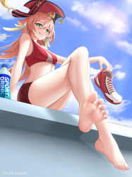 Rule 34 | 1girl, :q, absurdres, antlers, arayuki (sakurafubuki), bare arms, barefoot, blue sky, blush, bottle, breasts, closed mouth, cloud, crossed legs, day, feet, female focus, foot focus, foreshortening, from below, full body, genshin impact, green eyes, hair between eyes, hat, highres, holding, holding shoes, horns, long hair, looking at viewer, pink hair, presenting foot, red hat, red shorts, red sports bra, revision, shoes, short shorts, shorts, sitting, sky, small breasts, smile, soles, solo, sports bra, spread toes, thighs, toes, tongue, tongue out, unworn shoes, yanfei (genshin impact)