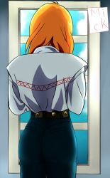 Rule 34 | 1990s (style), 1girl, artist name, ass, belt, cecily fairchild, denim, from behind, gundam, gundam f91, hatsune mick, highres, jeans, long hair, orange hair, pants, solo, tight clothes, tight pants, window