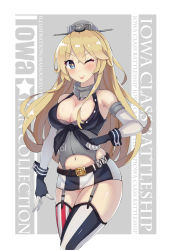 Rule 34 | 1girl, american flag legwear, asymmetrical legwear, bad id, bad pixiv id, belt, blonde hair, blue eyes, breasts, character name, cleavage, elbow gloves, fingerless gloves, front-tie top, garter straps, gloves, iowa (kancolle), kantai collection, large breasts, long hair, mahou kyuuri, miniskirt, navel, one eye closed, skirt, solo, standing, star-shaped pupils, star (symbol), striped clothes, striped skirt, striped thighhighs, symbol-shaped pupils, thighhighs, tongue, tongue out, uneven legwear, vertical-striped clothes, vertical-striped skirt, vertical-striped thighhighs