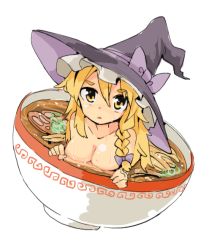 Rule 34 | 1girl, aoi kujira, blonde hair, bowl, braid, breasts, cleavage, collarbone, food, hat, in bowl, in container, in food, kirisame marisa, large breasts, looking at viewer, mini person, minigirl, noodles, nude, ramen, single braid, solo, touhou, witch hat, yellow eyes