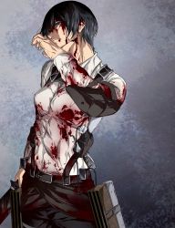 Rule 34 | 1girl, absurdres, belt, black hair, blood, blood on clothes, blood on face, breasts, cowboy shot, daisx (dais0115), head tilt, highres, holding, holding sword, holding weapon, large breasts, looking at viewer, medium breasts, mikasa ackerman, official style, scene reference, shingeki no kyojin, short hair, solo, sword, three-dimensional maneuver gear, weapon, wiping, wiping face