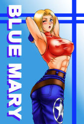 Rule 34 | 1girl, abs, belt, blonde hair, blue eyes, blue mary, blush, breasts, character name, covered erect nipples, cowboy shot, denim, fatal fury, fingerless gloves, gloves, halterneck, jeans, kitamura (bamboo), large breasts, midriff, muscular, nipples, one eye closed, open mouth, pants, see-through, short hair, snk, solo, stretching, the king of fighters, wink