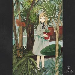 Rule 34 | 1girl, artist name, black footwear, black ribbon, blue dress, blue eyes, braid, braided ponytail, chisato charme, closed mouth, commentary, dress, expressionless, flower, flower pot, full body, greenhouse, highres, holding, holding flower pot, indoors, long hair, long sleeves, looking at flowers, looking at viewer, mary janes, neck ribbon, original, pillarboxed, plant, potted plant, red flower, ribbon, shoes, sidelocks, socks, solo, standing, star (symbol), symbol-only commentary, tree, white socks