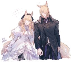 Rule 34 | 1boy, 1girl, animal ear fluff, animal ears, arknights, black coat, black pants, blemishine (arknights), blemishine (elite ii) (arknights), blonde hair, blue shirt, closed eyes, coat, collared shirt, cropped legs, dated, dress, hair over one eye, holding another&#039;s arm, horse boy, horse ears, horse tail, long hair, long sleeves, mlynar (arknights), necktie, oisyox72, pants, puffy sleeves, shirt, short hair, signature, simple background, tail, uncle and niece, white background, white dress, white necktie