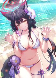 Rule 34 | 1girl, absurdres, animal ear fluff, animal ears, anjaku112, bare arms, bare shoulders, beach, bikini, black hair, blue archive, blush, bracelet, breasts, claw pose, cleavage, flower, fox ears, hair between eyes, hair flower, hair ornament, halterneck, hand up, highres, jewelry, large breasts, long hair, looking at viewer, nail polish, navel, sky, smile, solo, standing, stomach, swimsuit, tail, very long hair, wakamo (blue archive), wakamo (swimsuit) (blue archive), water, white bikini, yellow eyes