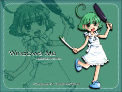 Rule 34 | 1girl, ahoge, alternate hairstyle, apron, artist name, artist request, bare legs, blue footwear, blunt bangs, child, eyes visible through hair, facing viewer, fang, frying pan, full body, green eyes, green hair, happy, looking at viewer, me-tan, microsoft, microsoft windows, os-tan, short hair, short hair with long locks, sign, slippers, smile, solo, spring onion, standing, standing on one leg, wallpaper, warning sign, white apron, windows me, zoom layer