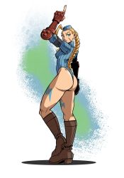 Rule 34 | 1girl, ahoge, armband, ass, bannon rudis, blonde hair, blue eyes, blue leotard, bodypaint, boots, braid, braided ponytail, breasts, brown footwear, cammy white, full body, garrison cap, gauntlets, gloves, hat, heattech leotard, highres, knee boots, leotard, necktie, pointing, pointing up, red gloves, ribbed leotard, scar, scar on face, shadaloo dolls, shadow, signature, simple background, small breasts, street fighter, street fighter zero (series), t-back, thong leotard, turtleneck, yellow neckwear