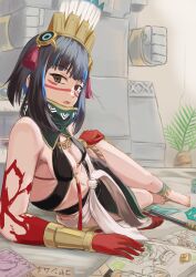 Rule 34 | aztec, blood, blood on hands, blue sky, bracelet, commission, fate/grand order, fate (series), feathers, tenochtitlan (fate), inugami86, jewelry, multicolored hair, skeb commission, sky, solo