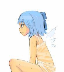 Rule 34 | 1girl, blue eyes, blue hair, bow, cirno, clear cross, female focus, hair bow, matching hair/eyes, simple background, sitting, solo, sweat, touhou, upper body, wings