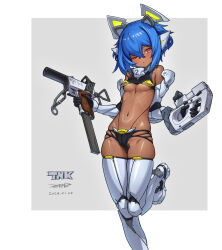 Rule 34 | 1girl, armored boots, armored gloves, blue hair, boots, breasts, dark-skinned female, dark skin, dated, gun, hair between eyes, headgear, highres, holding, holding gun, holding weapon, navel, one eye closed, original, red eyes, short hair, signature, small breasts, solo, takada kazuhiro, trigger discipline, weapon