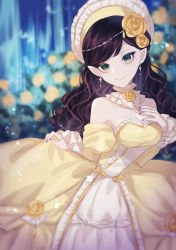 Rule 34 | 1girl, absurdres, akikawa higurashi, blurry, blurry background, blurry foreground, blush, bonnet, bow, breasts, brown hair, cleavage, detached collar, detached sleeves, dress, dress bow, earrings, flower, frills, gown, green eyes, hair flower, hair ornament, hand on own chest, highres, jewelry, juliet sleeves, long hair, long sleeves, looking at viewer, nail polish, neck flower, original, pointy ears, puffy sleeves, rose, rose bush, skirt hold, smile, solo, strapless, strapless dress, swept bangs, water, waterfall, wavy hair, yellow flower, yellow rose