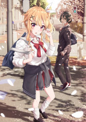 Rule 34 | 1boy, 1girl, :d, :o, blonde hair, character request, cherry blossoms, clothes around waist, commission, copyright request, cover, cover page, gyaru, highres, kogal, long hair, loose socks, nail polish, novel cover, novel illustration, official art, open mouth, petals, red eyes, school uniform, short hair, side ponytail, siokazunoko, skirt, smile, socks, sweater, sweater around waist, tan, uniform, yellow eyes