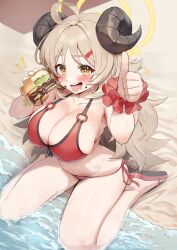 Rule 34 | 1girl, ahoge, beach, bikini, black horns, blue archive, breasts, brown eyes, brown hair, burger, collarbone, commentary request, curled horns, food, hair ornament, hairclip, halo, highres, holding, holding food, horns, izumi (blue archive), izumi (swimsuit) (blue archive), keureu (tiqkdtiqkd10), large breasts, long hair, looking at viewer, mole, mole on thigh, navel, o-ring, o-ring bikini, o-ring top, ocean, official alternate costume, open mouth, red bikini, sand, sandals, solo, sparkling eyes, swimsuit, thumbs up, wet