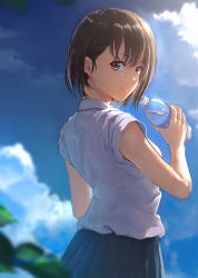 Rule 34 | 1girl, blue sky, blurry, bottle, brown hair, cloud, day, depth of field, from behind, highres, holding, holding bottle, looking at viewer, looking back, original, outdoors, pleated skirt, short hair, skirt, sky, sleeves pushed up, smile, solo, sugi87, water bottle, yellow eyes