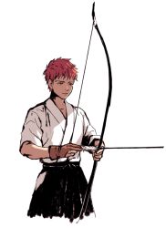 Rule 34 | 1boy, archery, bad id, bad pixiv id, bow (weapon), cowboy shot, emiya shirou, fate/stay night, fate (series), frown, hakama, hakama skirt, holding, holding bow (weapon), holding weapon, j (onjj), japanese clothes, kyuudou, male focus, simple background, skirt, solo, weapon, white background