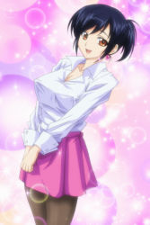Rule 34 | 1girl, black hair, blush, breasts, brown eyes, cleavage, collarbone, covered erect nipples, large breasts, long sleeves, looking at viewer, office lady, open mouth, oshaburi announcer, pantyhose, ponytail, purple background, purple skirt, shirt, short hair, skirt, smile, sparkle, standing, white shirt