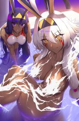 Rule 34 | 2girls, absurdres, animal ears, bare shoulders, bent over, breasts, cleavage, closed mouth, collarbone, commentary request, dark-skinned female, dark skin, facial mark, fate/grand order, fate (series), hair between eyes, hair ornament, hairband, hand in own hair, highres, jewelry, large breasts, long hair, looking at viewer, multiple girls, necklace, nitocris (fate), nitocris alter (fate), one-piece swimsuit, parted lips, purple hair, shiroshisu, smile, swimsuit, thighs, water, wet, white hair, white one-piece swimsuit, yellow eyes