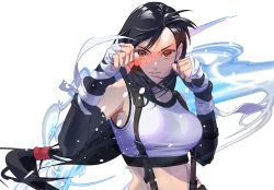 Rule 34 | 1girl, arms up, bandages, black gloves, black hair, black undershirt, breasts, cofffee, fighting stance, final fantasy, final fantasy vii, final fantasy vii remake, gloves, long hair, low-tied long hair, medium breasts, red eyes, serious, simple background, solo, square enix, suspenders, tank top, tifa lockhart, upper body, white background, white tank top