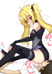 Rule 34 | 1boy, 1girl, ass, blonde hair, blush, breasts, dolphin wave, face in ass, femdom, footjob, girl on top, grin, kazami ellen, leotard, long hair, looking down, sexually suggestive, sitting, sitting on face, sitting on person, small breasts, smile, thighs, twintails