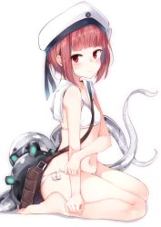 Rule 34 | 10s, 1girl, anchor, bag, bare shoulders, barefoot, bikini, blush, breasts, brown hair, enemy naval mine (kancolle), from side, hat, kantai collection, looking at viewer, navel, otokuyou, red eyes, sailor bikini, sailor collar, sailor hat, seiza, short hair, shoulder bag, simple background, sitting, small breasts, smiley face, solo, sweatdrop, swimsuit, tentacles, white background, white bikini, white hat, z3 max schultz (kancolle)