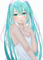 Rule 34 | 1girl, bare arms, blue hair, blue nails, blurry, breasts, cleavage, collarbone, green eyes, hair between eyes, hair ribbon, hatsune miku, highres, long hair, looking at viewer, nail polish, number tattoo, parted lips, pink ribbon, ribbon, shirt, simple background, sleeveless, sleeveless shirt, small breasts, solo, tattoo, twintails, very long hair, vocaloid, wanko (yurika0320), white background, white shirt