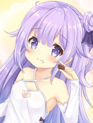 Rule 34 | 1girl, :t, azur lane, bare shoulders, black ribbon, breasts, chocolate, closed mouth, clothing cutout, collarbone, commentary request, criss-cross halter, detached sleeves, dress, dutch angle, eating, food, food on face, hair between eyes, hair bun, hair ribbon, halterneck, heart cutout, holding, holding food, long hair, long sleeves, purple eyes, purple hair, ribbon, side bun, single hair bun, single side bun, small breasts, solo, sunameri (pixiv3564245), unicorn (azur lane), very long hair, wavy mouth, white dress