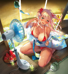 Rule 34 | 1girl, 2017, ahoge, artist name, bare shoulders, bikini, bikini pull, blonde hair, blush, breasts, clothes pull, collarbone, comic kairakuten beast, cover, cover page, covered erect nipples, cup, drinking glass, flower, food, fruit, green eyes, hair flower, hair ornament, hand fan, highres, indoors, japanese clothes, kimono, large breasts, long hair, nail polish, obi, official art, open mouth, pyon-kichi, red bikini, sash, seiza, sitting, skindentation, solo, sweat, swimsuit, tan, tanline, tongue, tongue out, two side up, undressing, untied bikini, watermelon, yukata