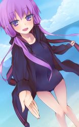 Rule 34 | 1girl, beach, blush, cloud, day, dutch angle, highres, hood, hoodie, long hair, looking at viewer, ocean, open mouth, outdoors, outstretched hand, purple eyes, purple hair, school uniform, sky, smile, solo, standing, tanyatonya, thigh gap, twintails, vocaloid, voiceroid, yuzuki yukari