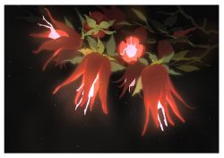 Rule 34 | 4girls, arm at side, arm up, bare legs, barefoot, black background, border, branch, dangling, dress, flower, glowing, highres, leaf, light particles, multiple girls, night, original, personification, plant, plantar flexion, red flower, short dress, toduring, white dress