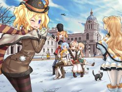 Rule 34 | !, 6+girls, aircraft, airplane, alternate costume, amethyst (warship girls r), animal, ardent (warship girls r), barfleur (warship girls r), bearskin cap, belt, bench, bird, black footwear, black hat, black shirt, blonde hair, blue hair, blue legwear, blue sky, blush, boots, braid, brown coat, brown footwear, building, buttons, camera, capelet, cat, closed mouth, cloud, coat, day, double bun, dress, eskimo (warship girls r), fur trim, gloves, glowworm (warship girls r), green dress, green eyes, grey gloves, hair bun, hat, headphones, heterochromia, hood, knee boots, kneeling, long hair, long sleeves, looking at viewer, looking back, mittens, multiple girls, nurse cap, official art, one eye closed, open mouth, outdoors, pantyhose, penguin, red coat, saumarez (warship girls r), scarf, shirt, shoes, short hair, side braid, side ponytail, sirills, sitting, sky, smile, snow, snow rabbit, snowball, standing, statue, striped clothes, striped legwear, striped pantyhose, striped scarf, thighhighs, third-party source, tree, twintails, vampire (warship girls r), venus (warship girls r), warship girls r, white coat, white footwear, yellow legwear, yellow scarf