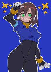 Rule 34 | 1girl, absurdres, aile (mega man zx), arm up, black bodysuit, blue background, blush, bodysuit, bodysuit under clothes, breasts, brown hair, buzzlyears, clenched hands, cropped jacket, excited, glowing, glowing eyes, green eyes, highres, jacket, looking at viewer, medium breasts, mega man (series), mega man zx, no pants, robot ears, short hair, simple background, smile, solo, star (symbol), upper body
