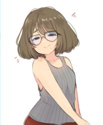Rule 34 | 1girl, absurdres, artist self-insert, bare shoulders, blue eyes, brown hair, closed mouth, commentary, glasses, highres, looking at viewer, mole, mole under mouth, neqo (neneneqo), original, shirt, short hair, simple background, sleeveless, sleeveless shirt, smile, solo, symbol-only commentary, white background