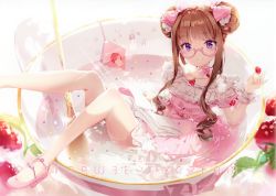 Rule 34 | 1girl, absurdres, anmi, bare legs, blunt bangs, book, bow, brown hair, choker, cup, double bun, dress, dress shirt, food, frilled dress, frills, fruit, glasses, hair bow, hair bun, high heels, highres, holding, in container, in cup, jewelry, long hair, looking at viewer, mini person, minigirl, neck ribbon, necklace, no socks, open book, original, partially submerged, pendant, pink-framed eyewear, pink bow, pink dress, purple eyes, ribbon, scan, semi-rimless eyewear, shirt, sidelocks, sitting, smile, solo, sparkle, spoon, strawberry, teacup, under-rim eyewear