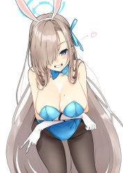 Rule 34 | 1girl, absurdres, animal ears, asuna (blue archive), asuna (bunny) (blue archive), blue archive, blue eyes, blue ribbon, blush, breasts, brown hair, brown pantyhose, eyelashes, fake animal ears, gloves, hair over one eye, halo, heart, highres, leotard, light brown hair, long hair, looking at viewer, mole, mole on breast, pantyhose, playboy bunny, ribbon, sentouryoku 5, simple background, smile, solo, teeth, v, very long hair, white background, white gloves