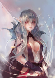 Rule 34 | 1girl, absurdres, breasts, bridal gauntlets, cleavage, cleavage cutout, clothing cutout, female focus, highres, kamachi kamachi-ko, large breasts, long hair, looking at viewer, no bra, original, parted lips, pink eyes, pixiv fantasia, pixiv fantasia t, pointy ears, see-through, shirt, silver hair, skirt, solo, very long hair, vest