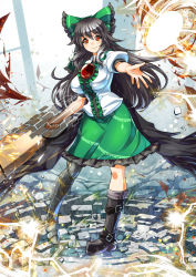 Rule 34 | 1girl, arm cannon, asymmetrical footwear, bird wings, black hair, black wings, boots, bow, breasts, broken ground, energy ball, hair bow, highres, large breasts, looking at viewer, armored boots, mismatched footwear, puffy short sleeves, puffy sleeves, red eyes, reiuji utsuho, revision, shirt, short sleeves, skirt, smile, solo, third eye, touhou, umigarasu (kitsune1963), weapon, wings