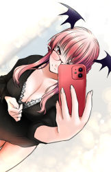 Rule 34 | 1girl, bat wings, bespectacled, black shirt, blush, bra, bra peek, breasts, cellphone, cleavage, collarbone, cowboy shot, dutch angle, foreshortening, glasses, head wings, holding, holding phone, koakuma, large breasts, light smile, long hair, long sleeves, phone, pointy ears, red-framed eyewear, red eyes, red hair, selfie, shirt, sidelocks, simple background, smartphone, solo, taking picture, touhou, underwear, white background, wings, yumi (careca398)