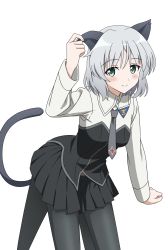 Rule 34 | 1girl, animal ears, black pantyhose, black skirt, blush, cat ears, cat tail, green eyes, grey hair, grey necktie, highres, insignia, kanata mako, long sleeves, looking at viewer, military, military uniform, necktie, pantyhose, pleated skirt, sanya v. litvyak, short hair, simple background, skirt, smile, solo, strike witches, tail, uniform, white background, world witches series