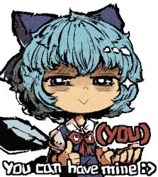 Rule 34 | 1girl, 4chan, :&gt;, blue dress, blue eyes, blue hair, bow, cirno, commentary, dress, english text, hair bow, ice, ice wings, inawon, lowres, shaded face, smug, solo, thumbs up, touhou, upper body, wings