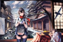 Rule 34 | 10s, 2girls, aircraft, airplane, akagi (kancolle), architecture, basket, black hair, building, cloud, column, commentary, doraxi, east asian architecture, flower, food, fruit, garden, highres, holding, japanese clothes, jar, kaga (kancolle), kantai collection, kotatsu, lantern, map, multiple girls, muneate, pillar, plant, pond, ponytail, poster (object), rock, scarf, sheep, sky, sleeping, sliding doors, snow, snowman, table, tatami, thighhighs, tree, water, winter