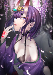 Rule 34 | 1girl, absurdres, bare shoulders, bob cut, breasts, collarbone, eyeliner, fate/grand order, fate (series), headpiece, highres, horns, japanese clothes, kimono, long sleeves, looking at viewer, makeup, off shoulder, oni, open mouth, petals, pointy ears, purple eyes, purple hair, purple kimono, revealing clothes, short hair, shuten douji (fate), skin-covered horns, small breasts, smile, solo, wide sleeves, yufou