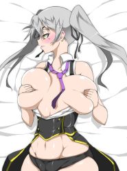 Rule 34 | 1girl, bare shoulders, bed, black panties, blush, breast hold, breasts, covering privates, covering breasts, female focus, grey hair, groin, highres, huge breasts, lips, long hair, long twintails, lying, mole, no bra, ohako, on back, open clothes, original, panties, solo, twintails, underwear, yellow eyes
