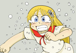 Rule 34 | 1girl, a-king, azuyama shia, blonde hair, blue eyes, city (arawi keiichi), clenched hands, crying, crying with eyes open, long hair, looking at viewer, parted lips, short sleeves, solo, tears, teeth