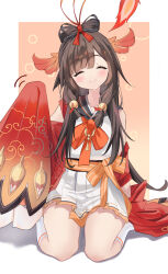 Rule 34 | 1girl, absurdres, azur lane, bare shoulders, blush, brown hair, closed eyes, detached sleeves, facing viewer, feather hair ornament, feathers, full body, hair ornament, hair over one eye, happy, highres, japanese clothes, kimono, long hair, pleated skirt, rubisco, sitting, skirt, smile, solo, thighs, very long sleeves, wide sleeves, zuihou (azur lane)