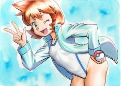 Rule 34 | 1girl, blue background, breasts, coat, competition swimsuit, covered navel, cowboy shot, creatures (company), eyelashes, full body, game freak, grey jacket, gym leader, hand on own hip, highres, holding, holding poke ball, jacket, legs, long sleeves, looking at viewer, misty (pokemon), nintendo, oka mochi, one-piece swimsuit, one eye closed, open clothes, open coat, open mouth, orange hair, poke ball, pokemon, pokemon hgss, shiny skin, short hair, smile, solo, swimsuit, thighs, toes, track jacket, v, white one-piece swimsuit, wink