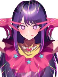 Rule 34 | 1girl, absurdres, blush, closed mouth, commentary, dress, gloves, hair between eyes, highres, hoshino ai&#039;s pose, hoshino ai (oshi no ko), idol, idol clothes, lens flare, long hair, looking at viewer, oshi no ko, pink gloves, purple eyes, purple hair, sidelocks, simple background, solo, star-shaped pupils, star (symbol), symbol-shaped pupils, tongue, tongue out, tsukuno tsuki, turtleneck, turtleneck dress, upper body, white background