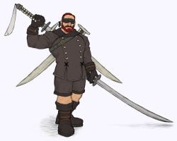 Rule 34 | 1boy, 9s (nier:automata) (cosplay), bara, beard, black blindfold, black gloves, blindfold, boots, cosplay, dual wielding, earrings, facial hair, final fantasy, final fantasy xiv, full body, gloves, growlygruntz, holding, holding sword, holding weapon, jacket, jewelry, leg hair, long sleeves, male focus, mature male, muscular, muscular male, nier:automata, nier (series), pectorals, roegadyn, short hair, shorts, solo, standing, sword, warrior of light (ff14), weapon, 9s (nier:automata)