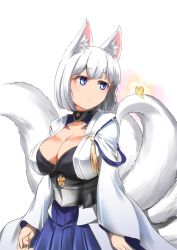 Rule 34 | 1girl, animal ears, azur lane, blue eyes, breasts, bug, butterfly, cleavage, eyeliner, fox ears, fox girl, fox tail, insect, japanese clothes, kaga (azur lane), kimono, kitsune, kyuubi, large breasts, makeup, multiple tails, solo, steed (steed enterprise), tail, white hair, white kimono, white tail