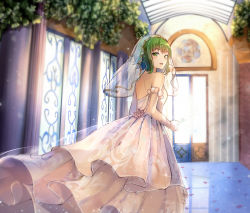 Rule 34 | 1girl, bad id, bad pixiv id, bridal veil, bride, dress, flower, gloves, green eyes, green hair, gumi, hallway, highres, looking at viewer, looking back, parted lips, qingshui ai, reflection, rose, sleeveless, sleeveless dress, solo, veil, vocaloid, wedding dress, white dress, white gloves